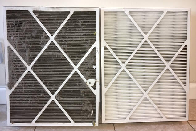 Air filter before and after changing. Dirty filter on left, clean filter on right.